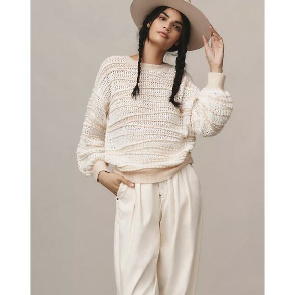 Anthropologie Cream & Tan Open Stitch Knit Pullover Crewneck Sweater Small - Picture 1 of 9